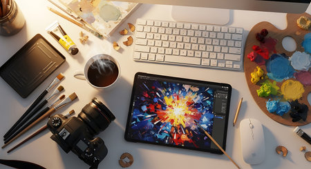 Top view of creative designer desktop with digital tablet, supplies and other itemsの素材