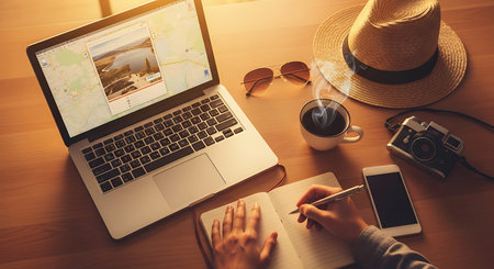Top view of travel agent working at desk with laptop, camera, passport, map and other itemsの素材