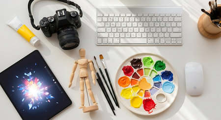 Top view of creative workspace with tablet, camera, paints and accessories on white tableの素材