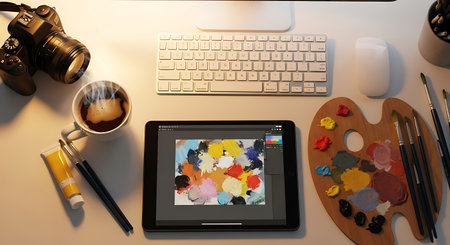 Digital tablet pc on a desk with a painting palette and a cup of coffeeの素材