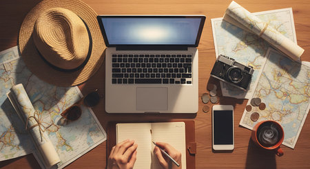 Top view of woman's hands with laptop, map, camera and coffee cup on wooden tableの素材