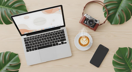 Top view of modern workplace with laptop, coffee cup, camera and tropical leaves on wooden background. Flat lay style.の素材