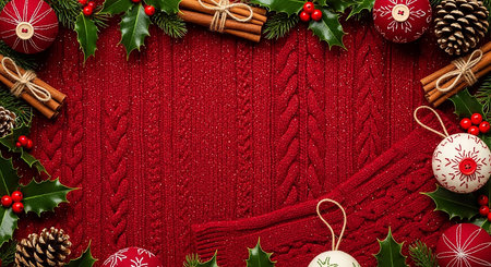 Christmas background with red knitted sweater, holly, mistletoe, cinnamon sticks and ballsの素材