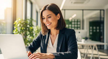 Beautiful businesswoman is using a laptop and smiling while working in officeの素材