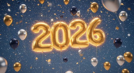Happy New Year 2020. Gold foil balloon numbers on blue background. 3D Renderingの素材