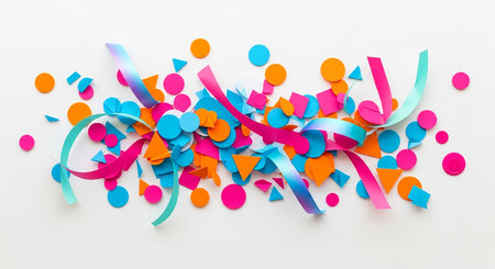 Colorful confetti and ribbons on white background. Party decorationの素材