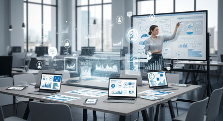 Business people working together in modern office using laptop computer and digital tablet with infographsの素材