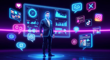 Young businessman standing in front of hologram screens with different icons. Future concept. 3D Renderingの素材