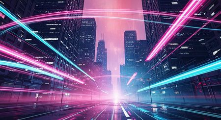 Abstract technology background with high speed road and glowing lines. 3D Renderingの素材