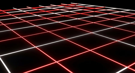 abstract 3d illustration of a grid of red neon lights on a black backgroundの素材