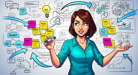 Businesswoman drawing a business plan on a whiteboard. Vector illustration.の素材