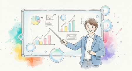 Businessman presenting on a whiteboard with graphs and charts. Vector illustrationの素材