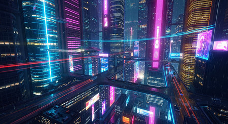 3d illustration of futuristic city with high tech buildings and neon lightsの素材