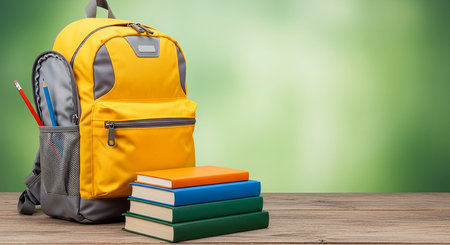 School backpack with books and pencils on wooden table against green backgroundの素材