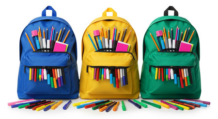 School Backpack with Colorful Pencils Isolated on White Backgroundの素材