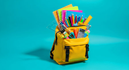 Backpack with school supplies on blue background. Back to school concept.の素材