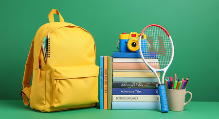 Back to school concept. School backpack, books and stationery on green backgroundの素材