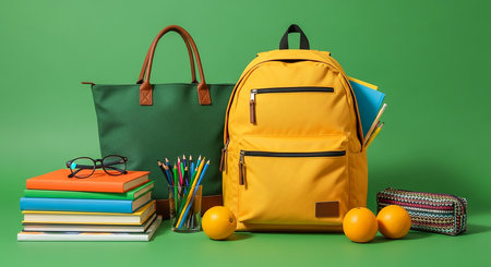 School backpack, books, pencils and orange on a green backgroundの素材
