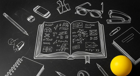 School supplies on blackboard background. Education concept. 3D renderingの素材