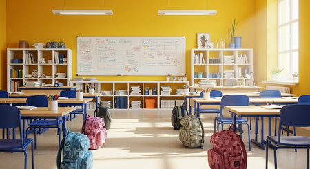 Interior of a school classroom with yellow walls and blue desks. 3d renderingの素材