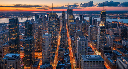 New York City Manhattan skyline panorama at sunset with skyscrapers. USA.の素材