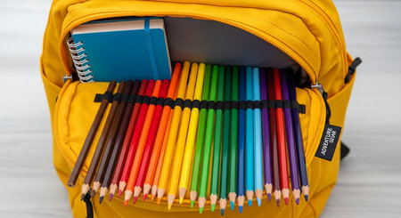 School backpack full of colorful pencils. Back to school concept.の素材
