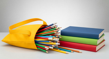 School bag with pencils and books on white table. Back to school conceptの素材