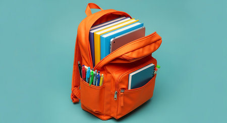 Orange backpack with school supplies on blue background. Back to school conceptの素材