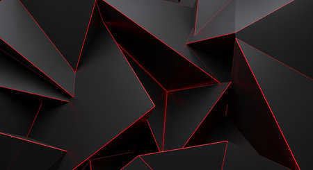Abstract 3d rendering of chaotic polygonal shape. Dark background with red glowing triangles. Futuristic design.の素材