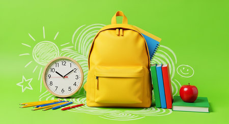 School backpack with stationery on green background. Back to school conceptの素材