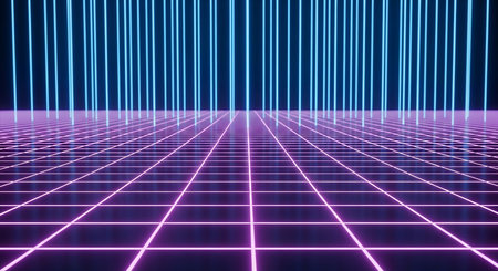 3d render. Futuristic wireframe grid with glowing neon lines. Sci-fi background. Cyberpunk style.の素材