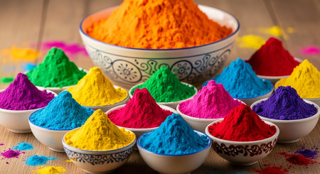 Colorful holi powder in bowl on wooden background. Holi festivalの素材