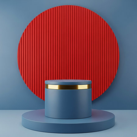 3d rendering of blue cylinder podium on blue background with red circleの素材