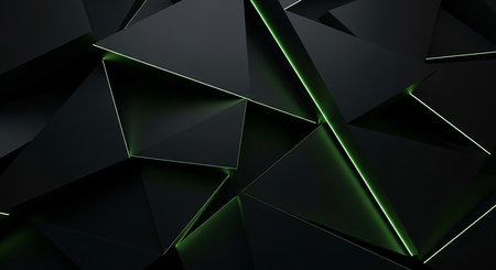 Abstract 3d rendering of chaotic polygonal shape with green lightsの素材