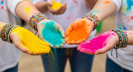 Hands of children with colorful holi powder at holi festivalの素材