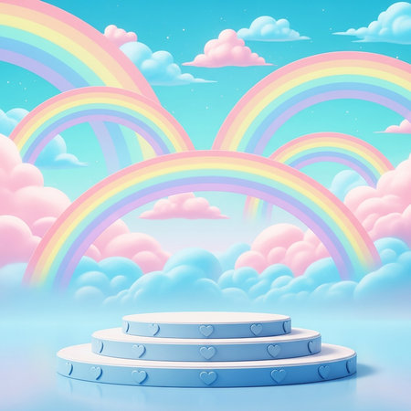 Podium with rainbow and clouds. 3d render. Pastel colors.の素材