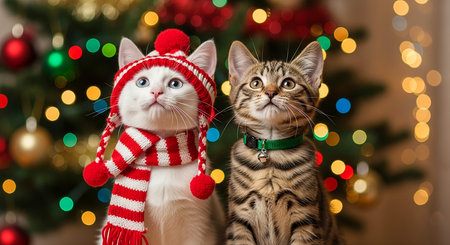 Two cats in Christmas hats and scarves on background of Christmas treeの素材