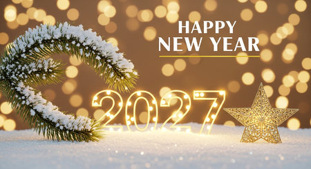 Happy New Year 2017 greeting card with christmas tree and golden lights. 3D renderingの素材