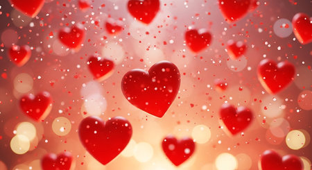 Valentines day background with red hearts on bokeh lightsの素材
