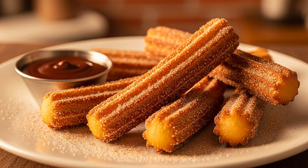 Churros with chocolate sauce on a white plate, close upの素材