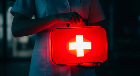 Doctor holding first aid kit on dark background. Healthcare and medical concept.の素材
