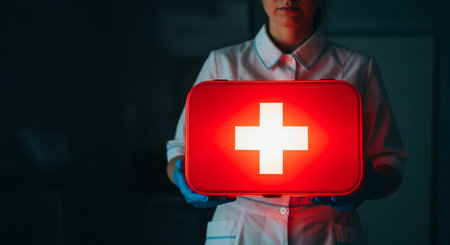 Doctor holding a red cross on a dark background. Health care concept.の素材