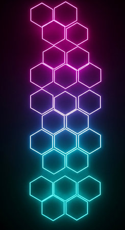 Neon hexagon abstract background, 3d render, square frameの素材