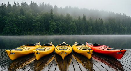 Colorful kayaks on a wooden pier on a misty lakeの素材