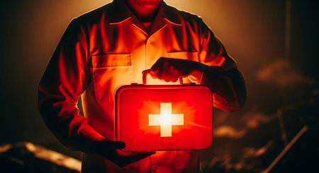 Doctor holding first aid kit in hands. Medical and healthcare concept.の素材