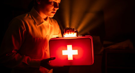Young doctor holding first aid kit in the dark room. Medical conceptの素材