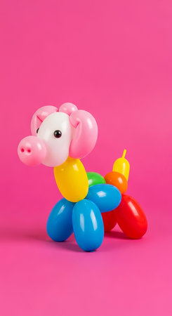 Plasticine pig toy with colorful balloons on pink background, close upの素材