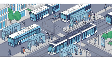 Vector illustration of a city street with people on the sidewalk and tramの素材