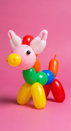 Plasticine reindeer with colorful balloons on a pink backgroundの素材