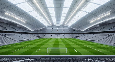 3D render of a beautiful modern football stadium with white seats and VIP boxes for hundred thousand fansの素材